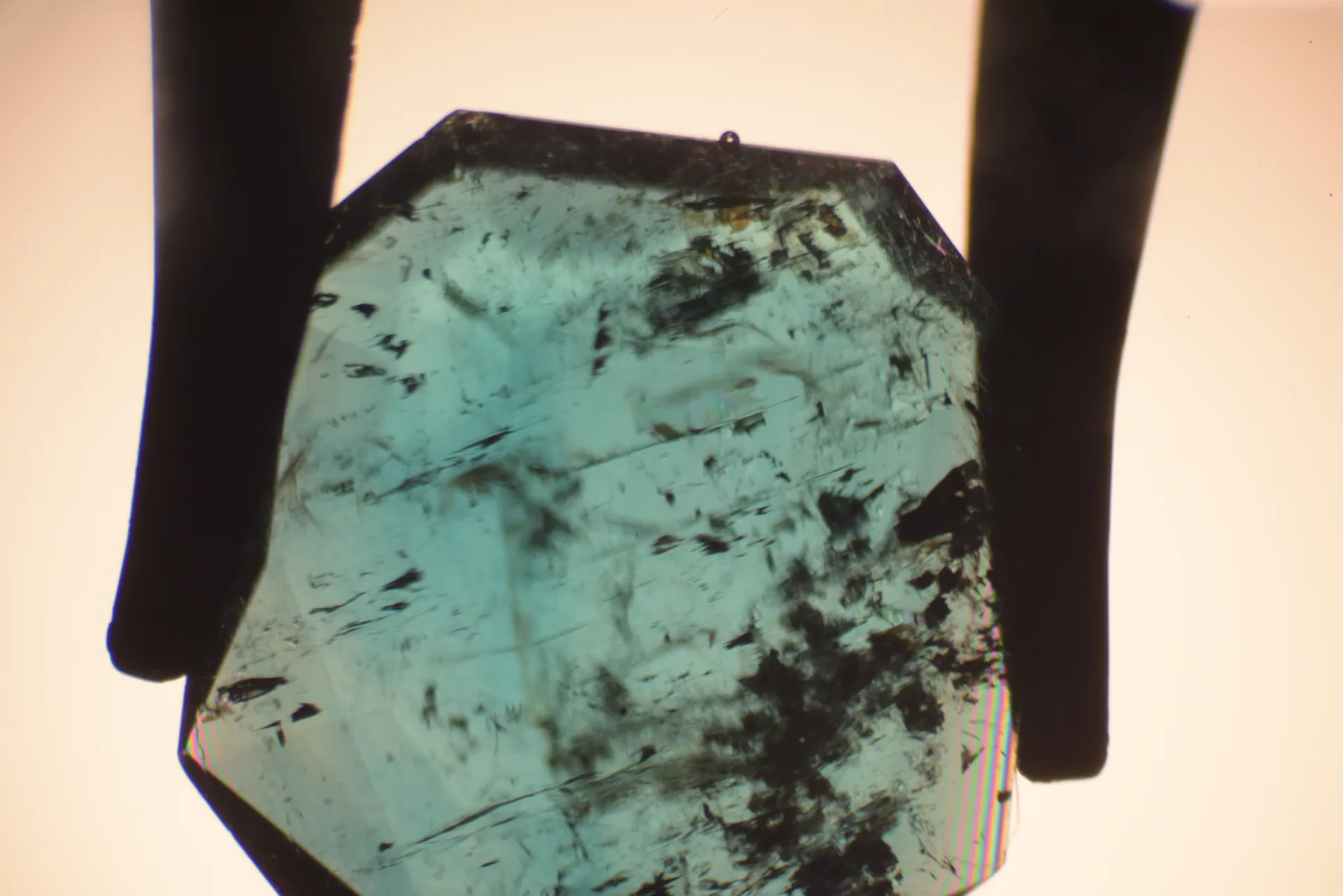 Smaragd im Treppenschliff, Immersionsmikroskopie: zahlreiche schwarze Plättchen (Glimmer/Biotit) und Nadeln